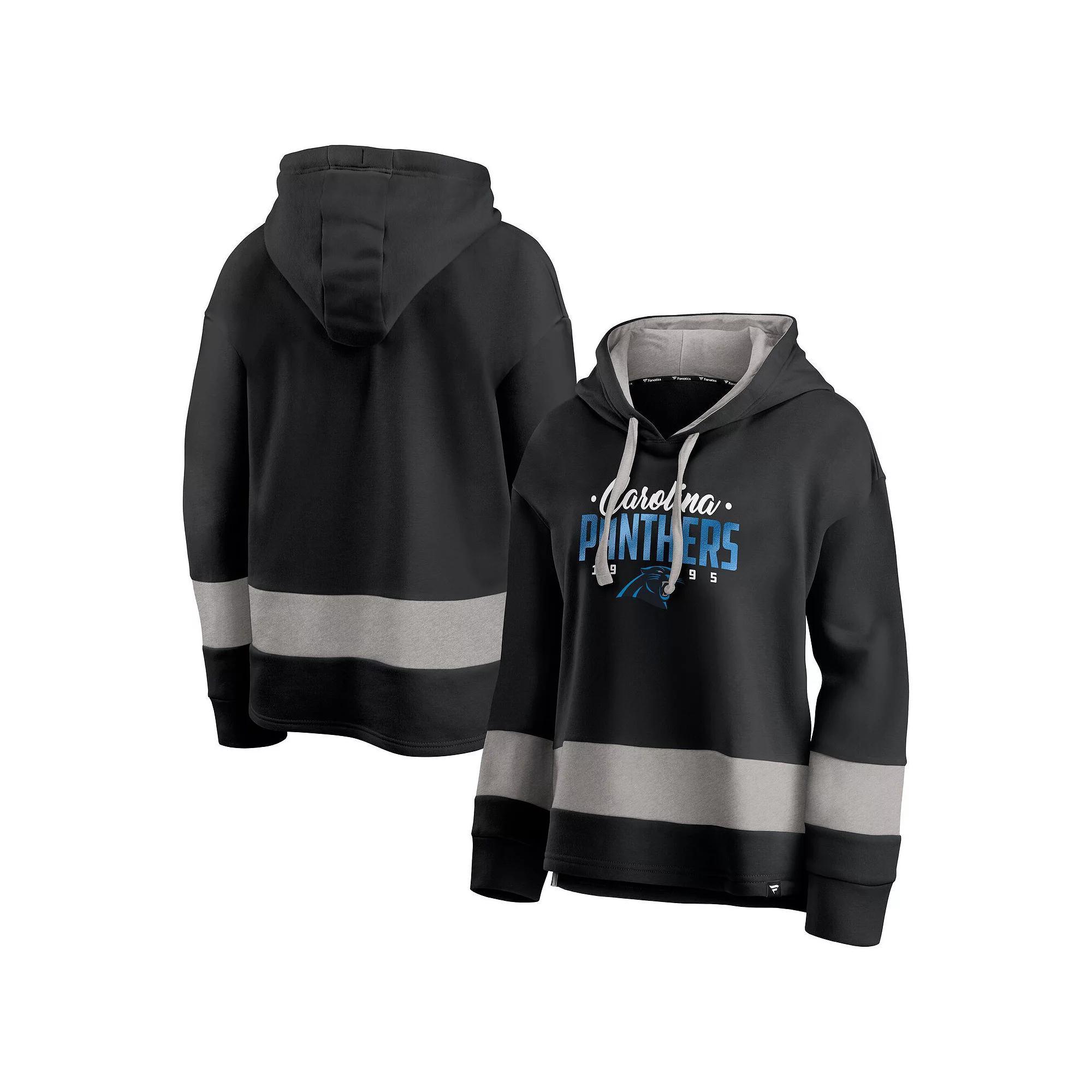 Women's Fanatics Black/Gray Carolina Panthers Huddle Up Fundamental Fleece Color Block Pullover Hoodie, Size: 3XL Product Image