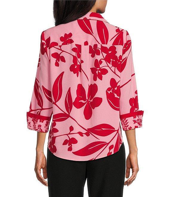 Investments Woven Bold Tropical Palm 3/4 Sleeve Point Collar Button Front Split Cuff Top Product Image