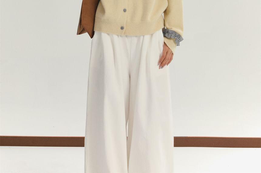 Crew Neck Gingham Panel Frill Trim Button-Up Cardigan Product Image