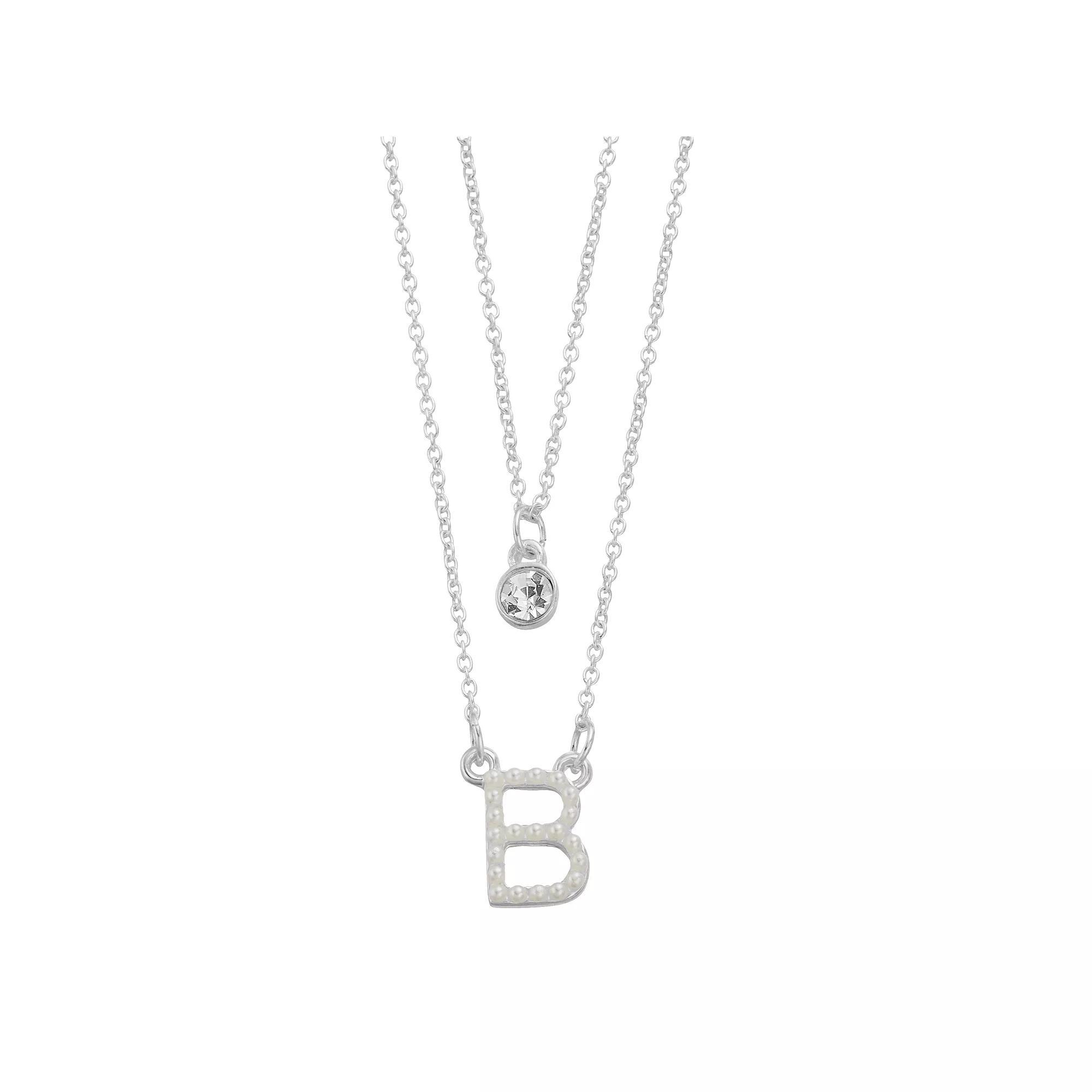 City Luxe Fine Silver Plated Cubic Zirconia & Simulated Pearl Initial Duo Necklace Set, Women's, Silver Tone J Product Image