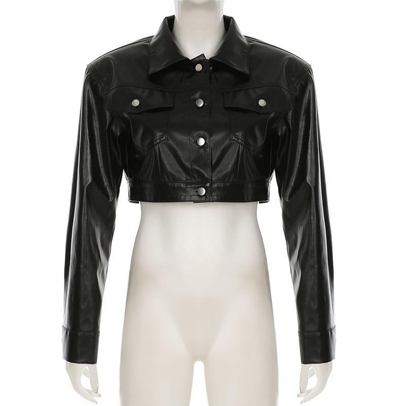 Collared Plain Button-Up Faux Leather Crop Jacket Product Image