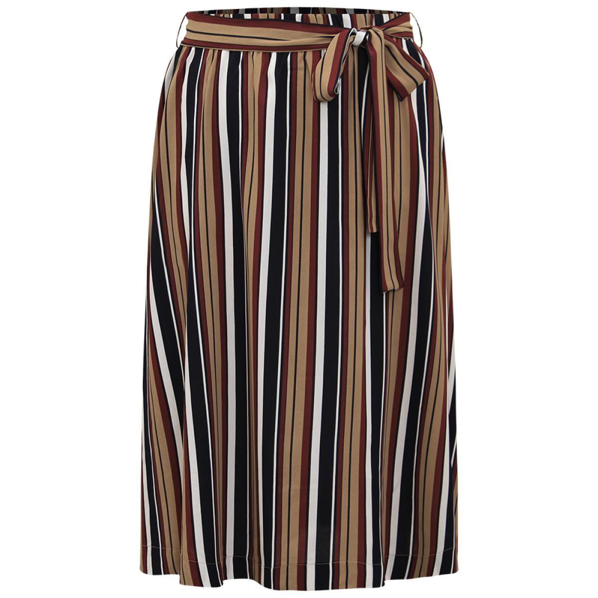 Plus Size Striped Ties Elastic Waist A-line Skirt Women DarkBlue Office A-line Loose No stretch Belt Work Skirts BloomChic 14-16/1X Product Image