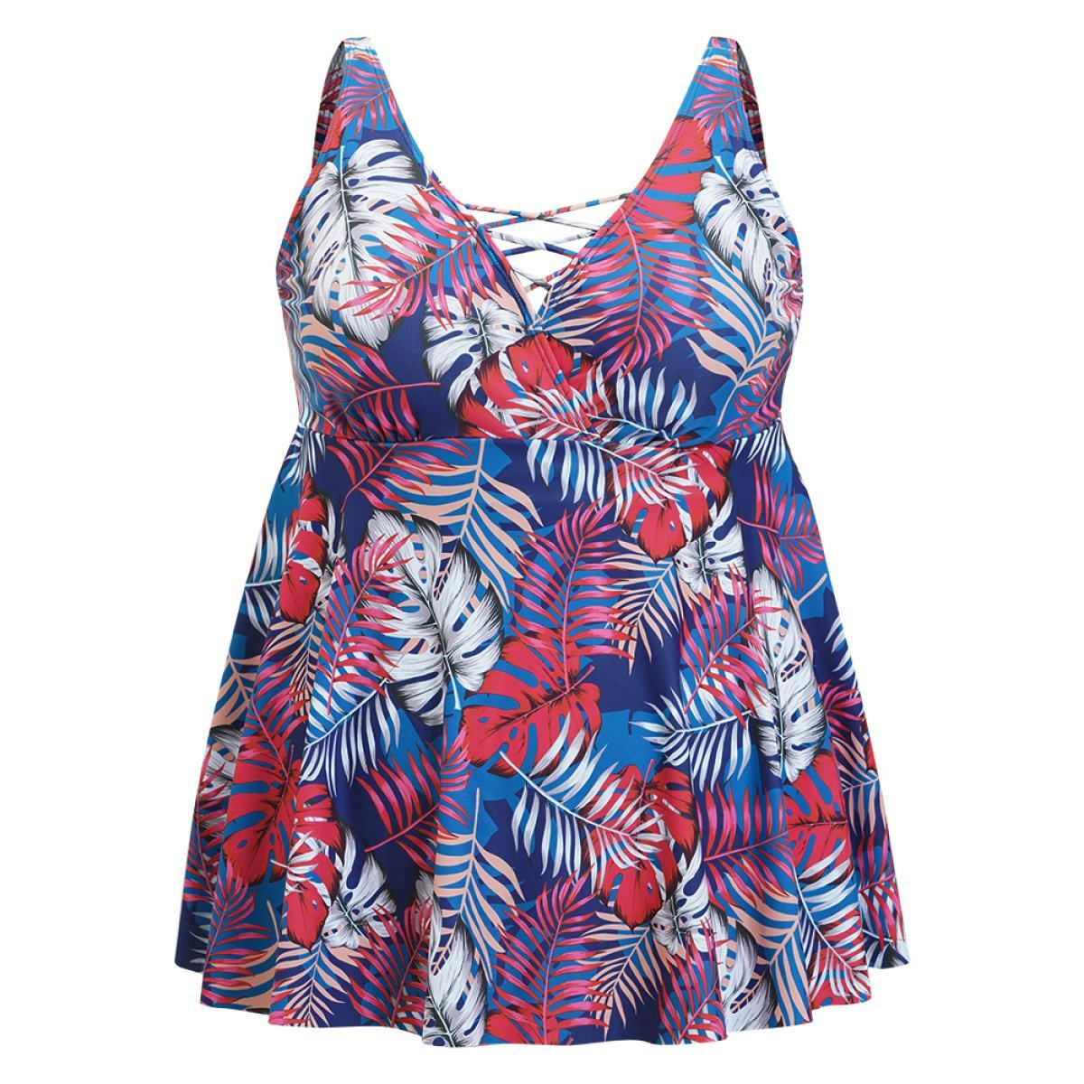 Plus Size Tropical Print Wrap Ruffles Crisscross Swim Dress Women's Swimwear Indigo Vacation Bodycon V-neck High stretch Curve Swim Dresses BloomChic 12/L Product Image