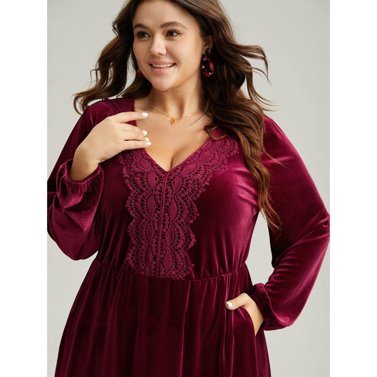 Plus Size Velvet Lace Panel Elastic Cuffs Dress Burgundy Women Elegant Elastic cuffs V-neck Long Sleeve Curvy Midi Dress BloomChic 18-20/2X Product Image