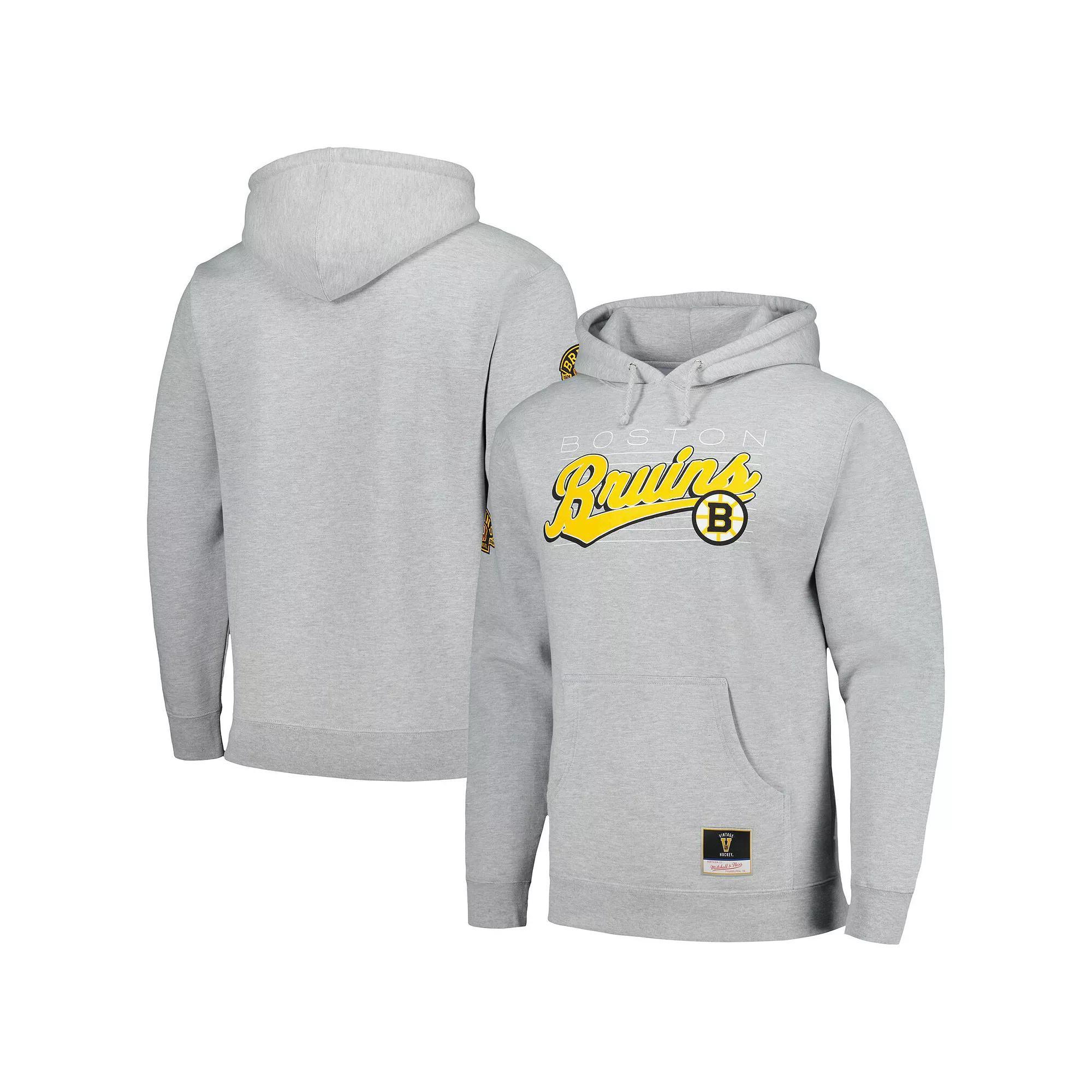 Mens Mitchell & Ness Heather Gray Boston Bruins 100th Anniversary Script Sweep Pullover Hoodie Product Image