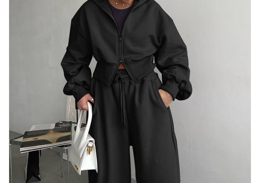 Stand Collar Plain Zip Jacket / Drawstring Waist Harem Sweatpants Product Image