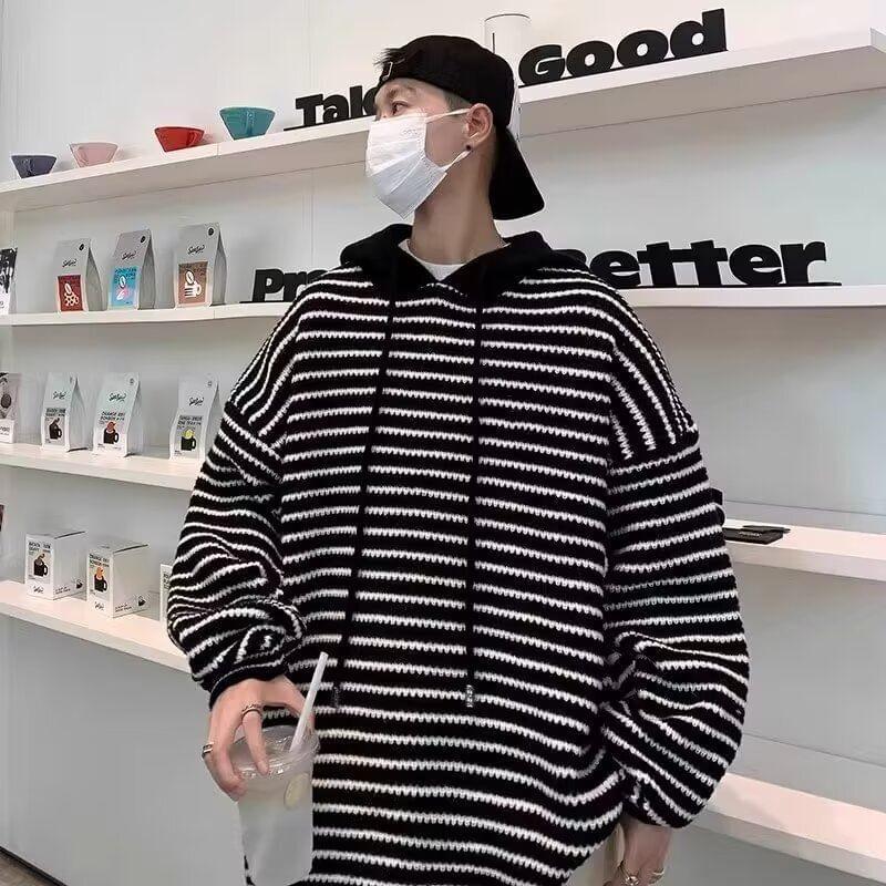 Striped Drawstring Knit Hoodie Product Image