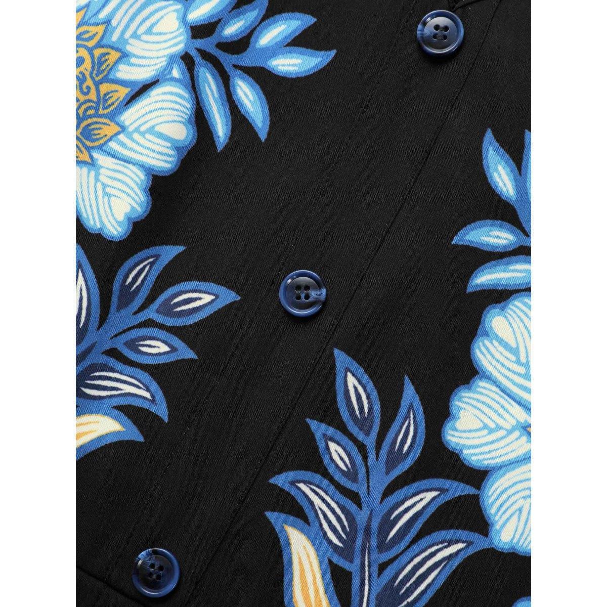 Plus Size Boho Print Lantern Sleeve Midi Dress BlackFlower Women Elegant Button V-neck Elbow-length sleeve Curvy BloomChic 26/4X Product Image