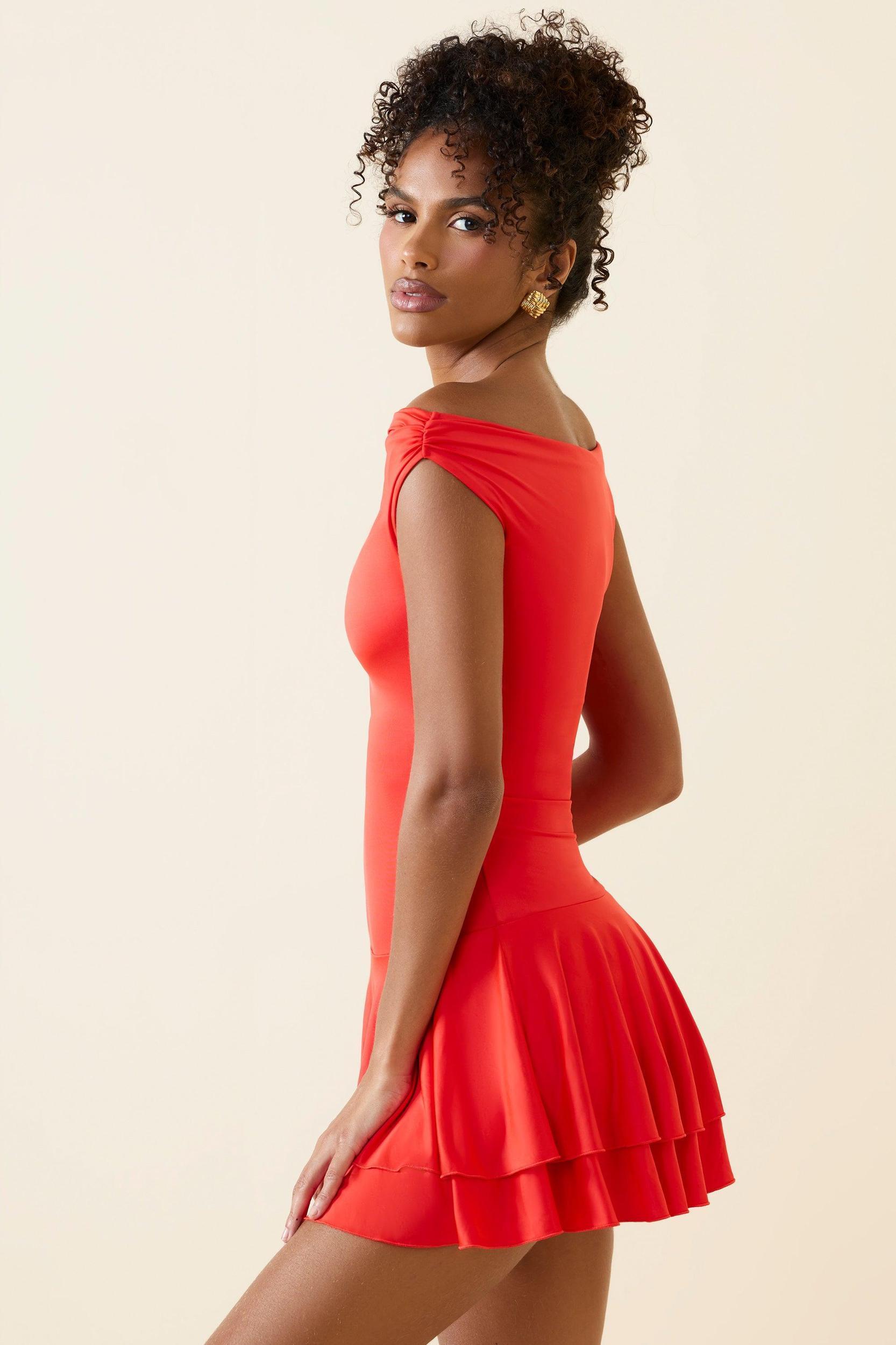 Off-Shoulder Ruffled Mini Dress in Scarlet Product Image