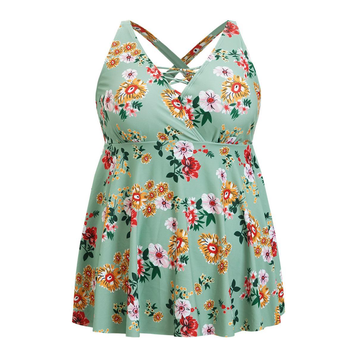 Plus Size Floral Crisscross Surplice Neck Flutter Hem Swim Dress Women's Swimwear Mint Vacation Bodycon V-neck High stretch Curve Swim Dresses BloomChic 10/M Product Image