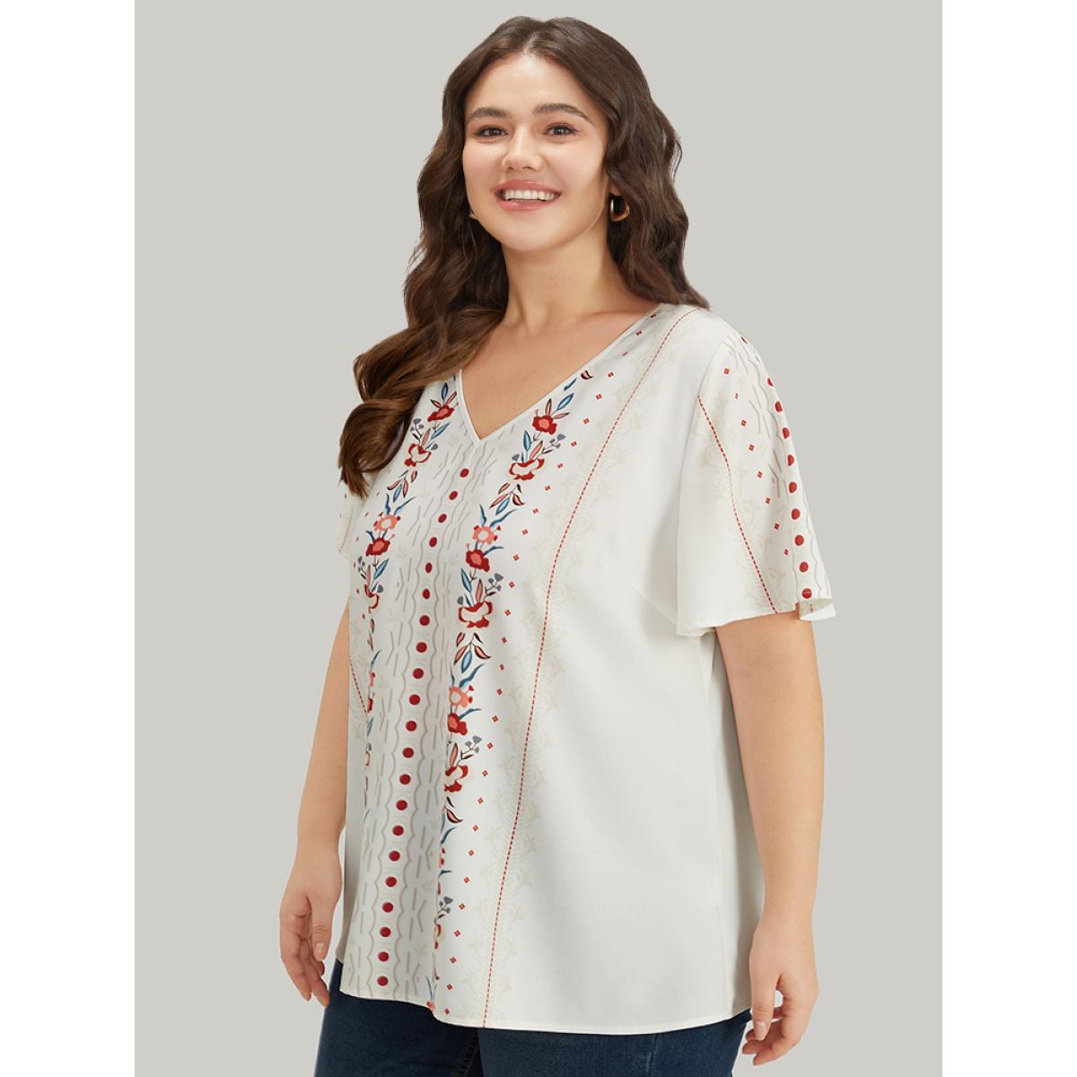 Plus Size White Bandana Print V Neck Flutter Sleeve Blouse Women Vacation Short sleeve V-neck Dailywear Blouses BloomChic 26/4X Product Image