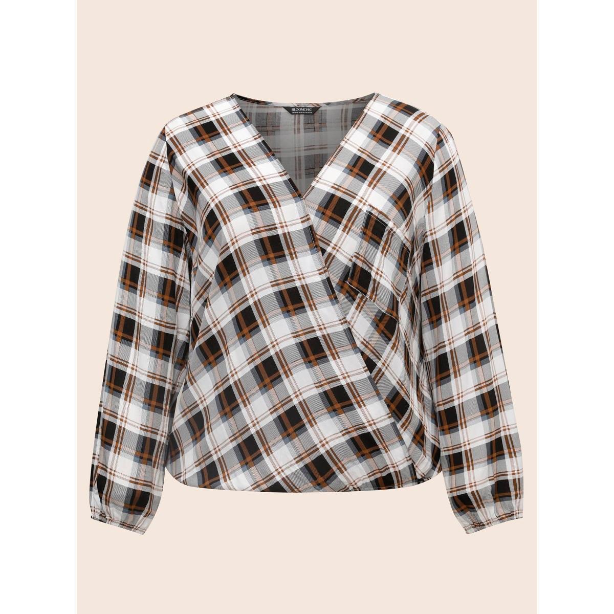 Plus Size Browncoffeecolor Plaid Overlap Collar Patch Pocket Blouse Women Casual Three Quater Length Sleeve Overlap Collar Everyday Blouses BloomChic 28/5X Product Image