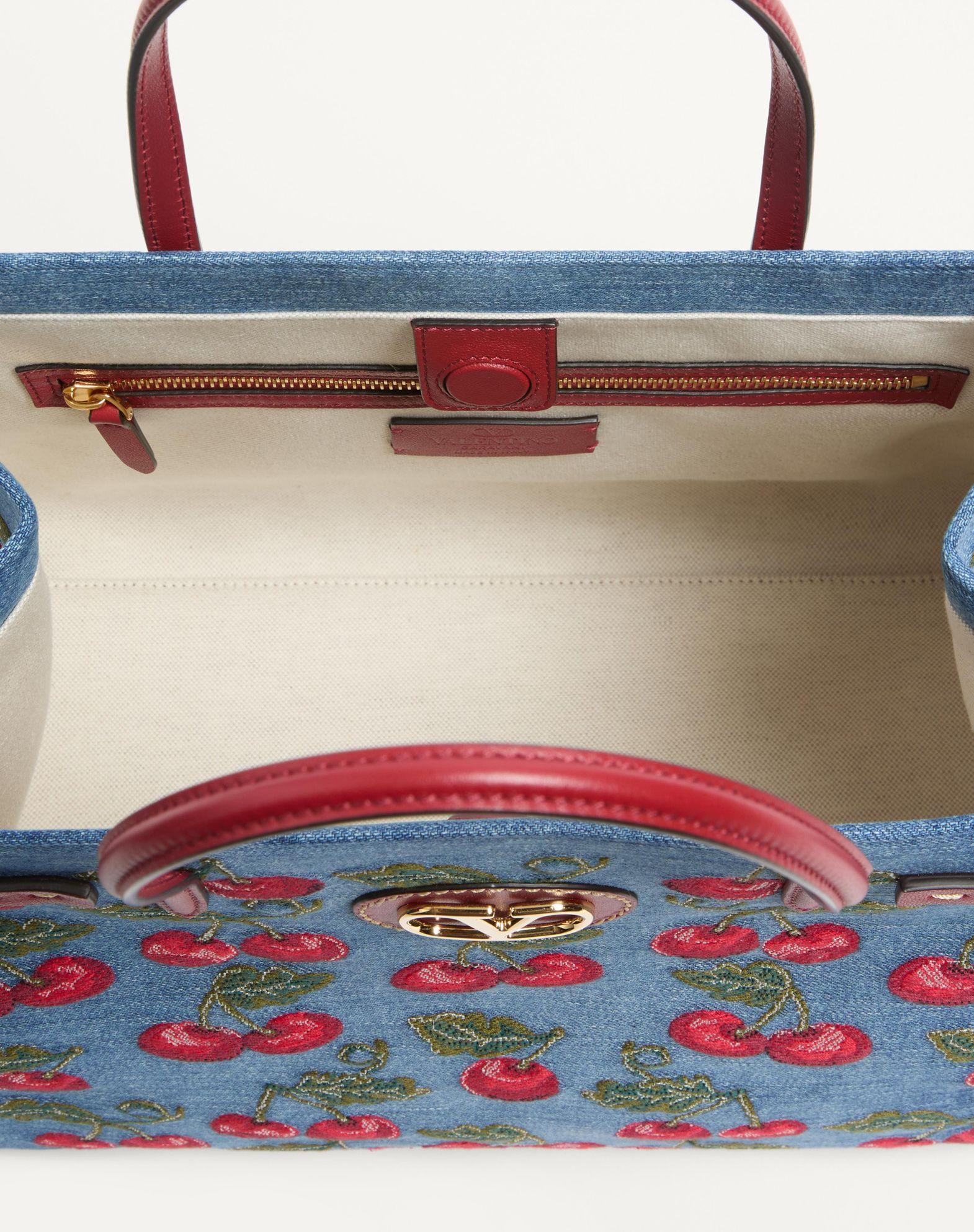 Valentino Garavani Antibes Medium Shopping Bag In Denim With Cherryfic Embroidery Product Image