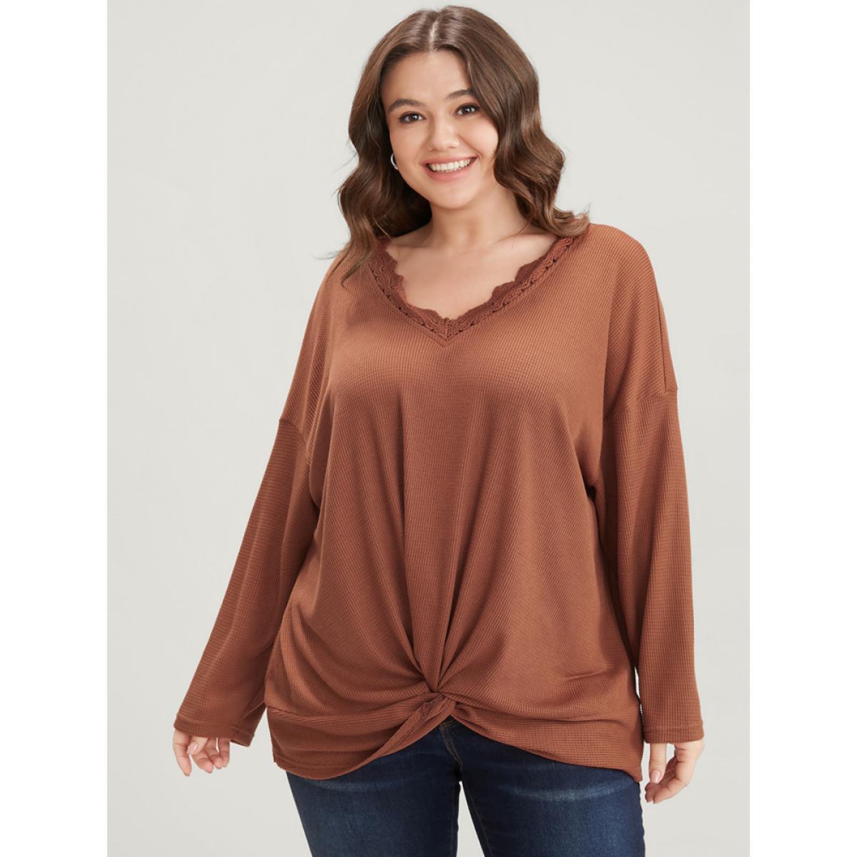 Plus Size Solid V Neck Lace Trim Twist Front Sweatshirt Women Rust Elegant Twist-front V-neck Dailywear Sweatshirts BloomChic 28/5X Product Image