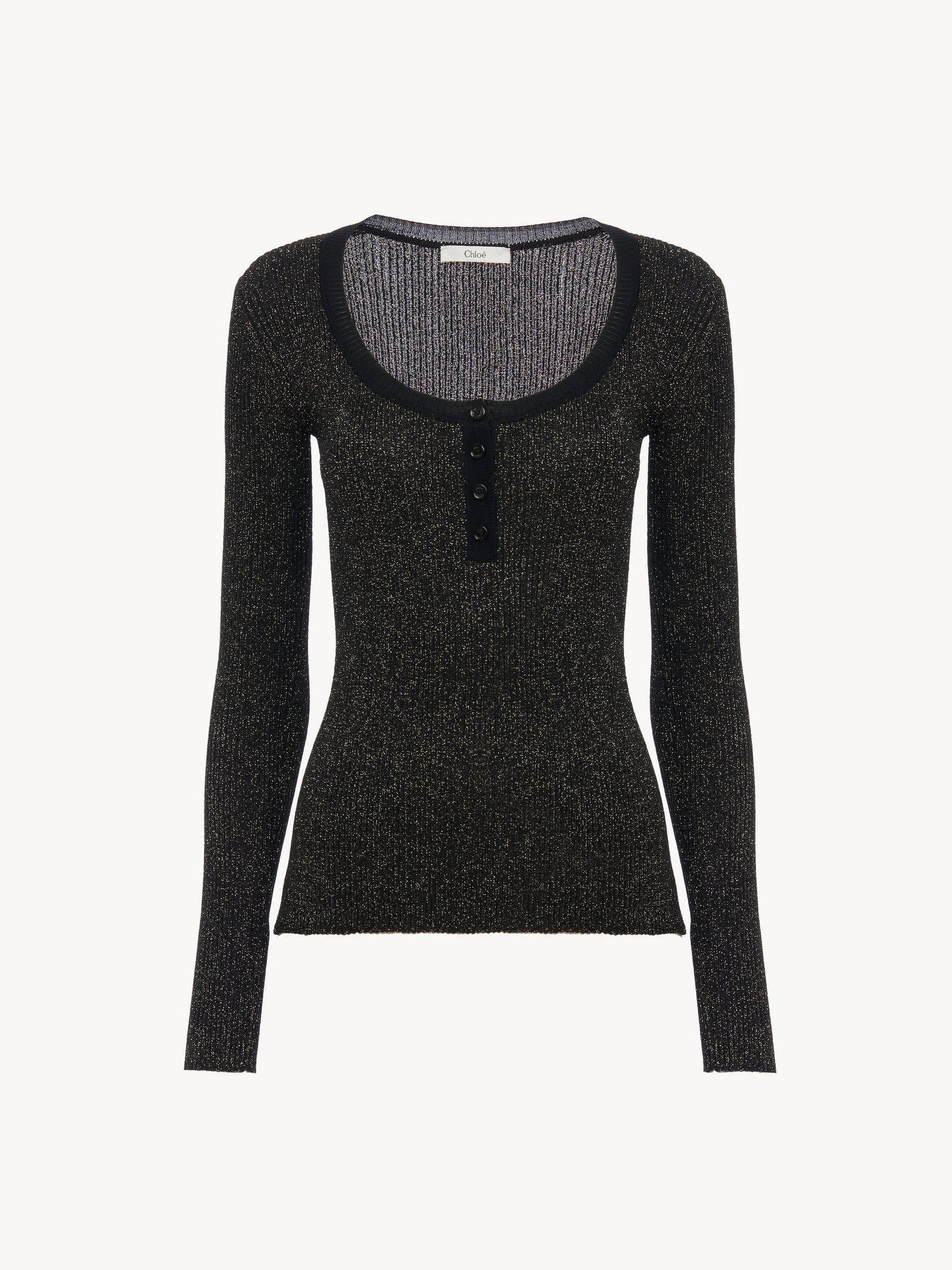 Long-sleeve fitted top in lurex wool knit Product Image