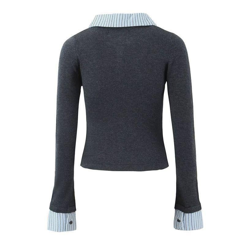 Long Sleeve Collared Striped Mock Two Piece Button Top Product Image