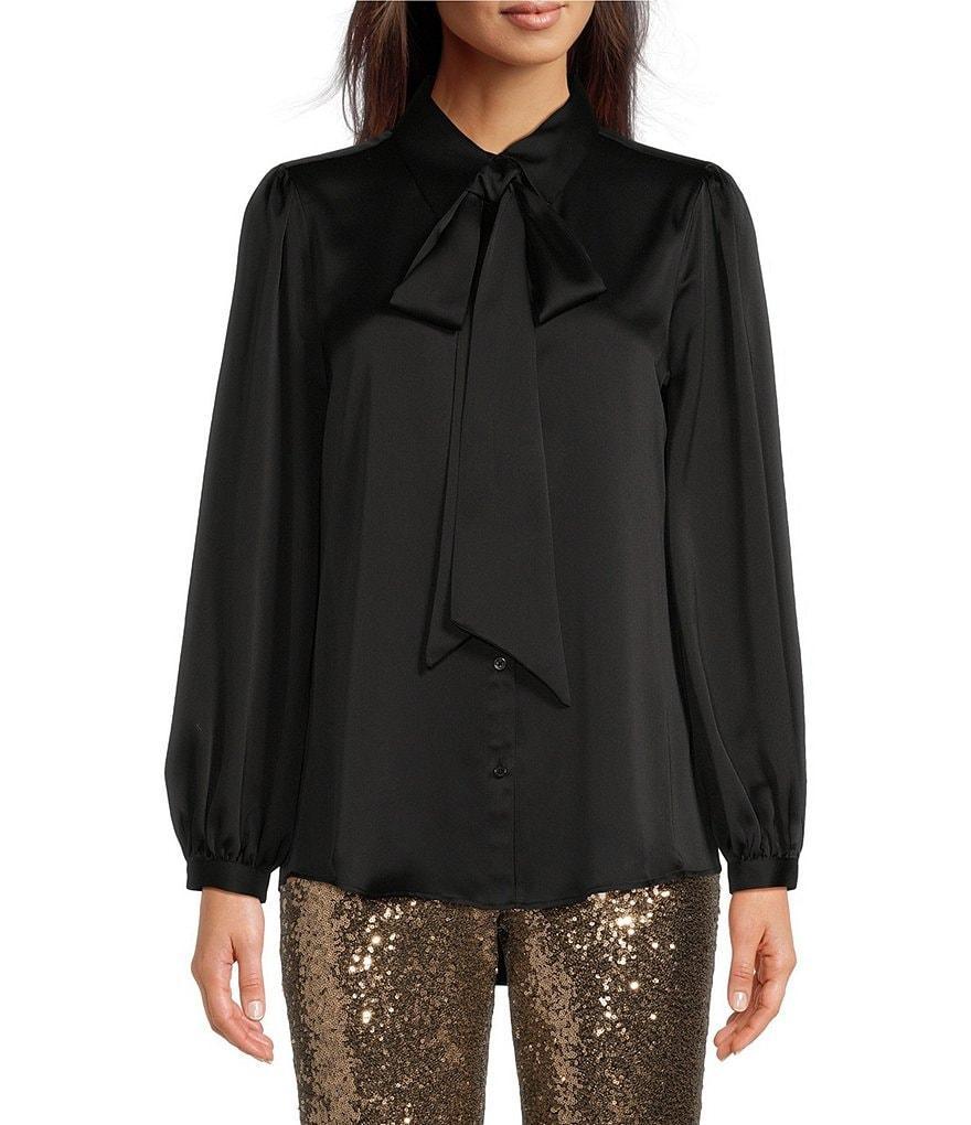 Alex Marie Sylvie Satin Point Collar Self-Tie Bow Detail Long Sleeve Button Front Blouse Product Image