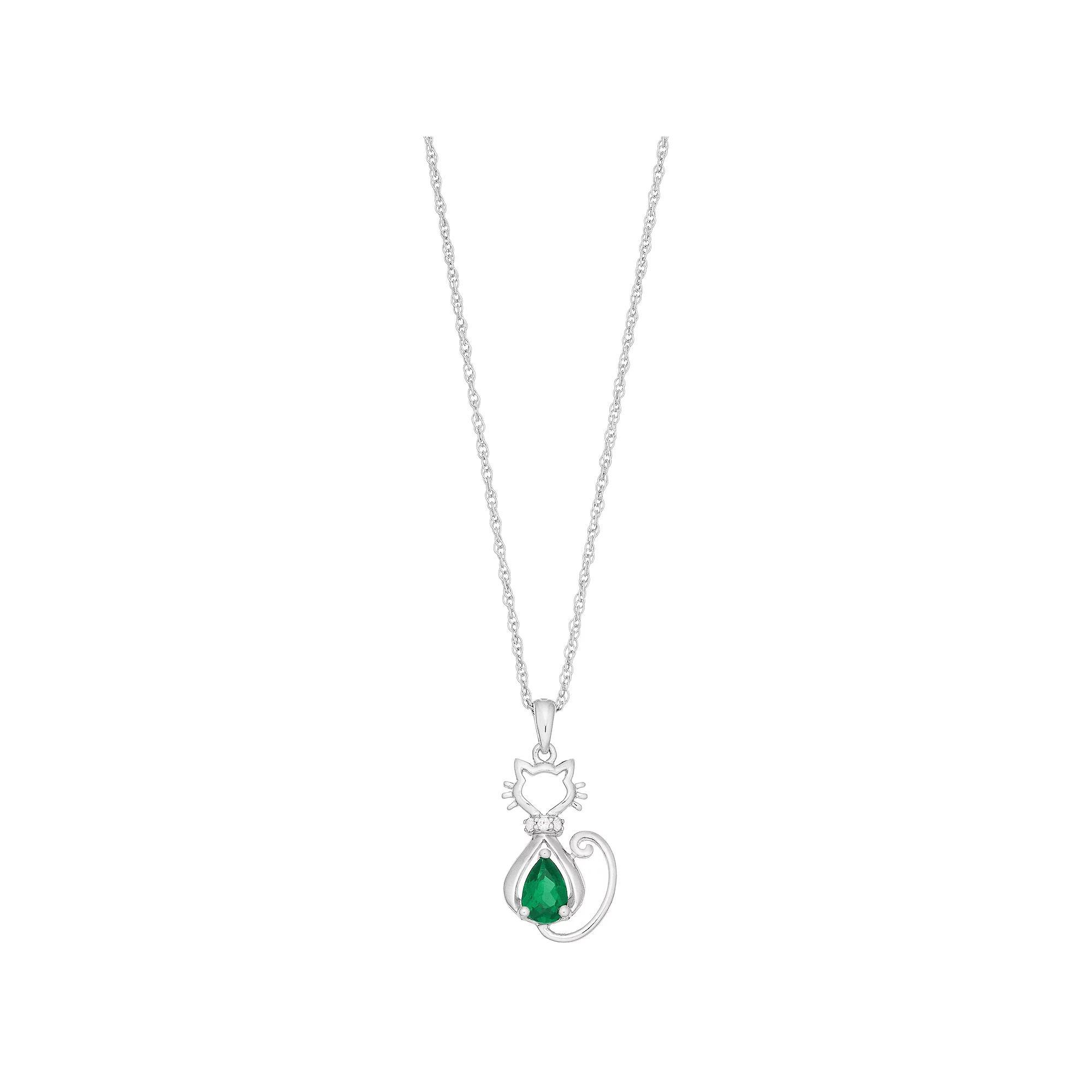 Sterling Silver Gemstone & Lab-Created White Sapphire Cat Pendant, Women's, Size: 18", Created Green Product Image