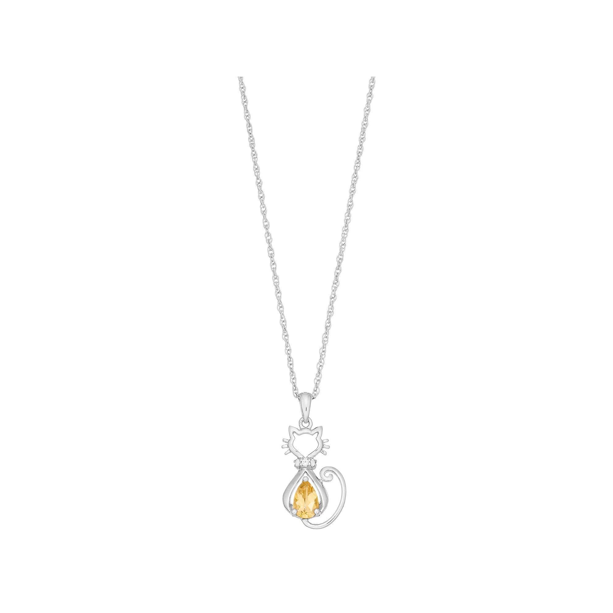 Sterling Silver Gemstone & Lab-Created White Sapphire Cat Pendant, Women's, Size: 18", Peridot Product Image