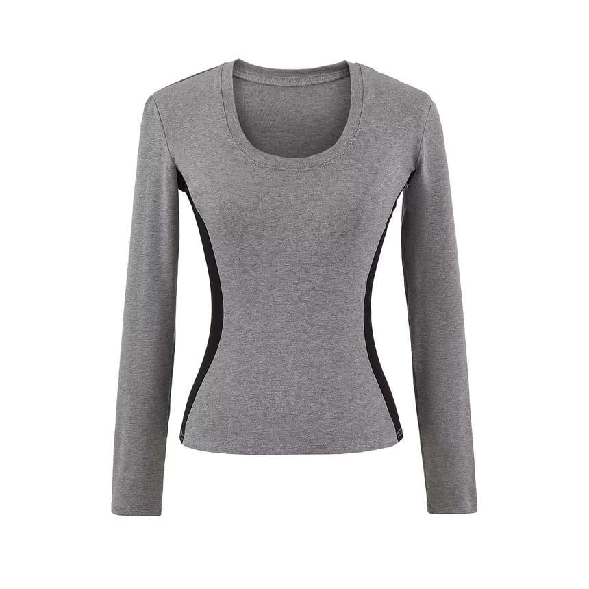 Long-Sleeve Scoop Neck Plain Crop Top Product Image