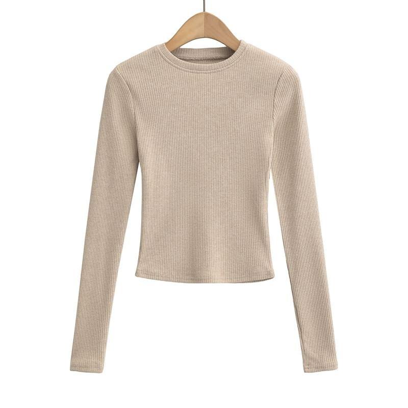 Long Sleeve Round Neck Plain Ribbed Knit Crop Top Product Image
