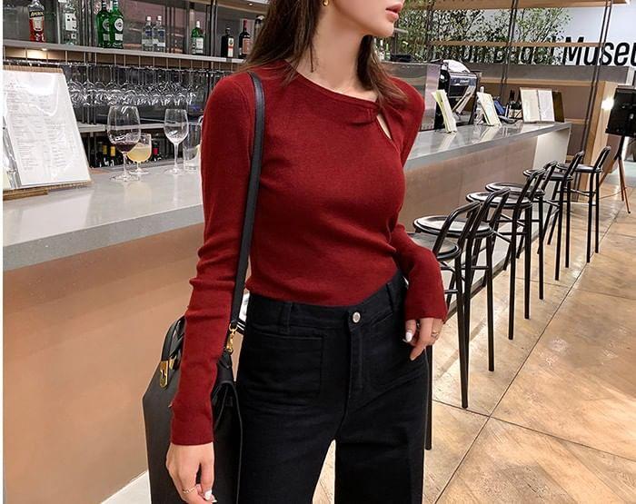 Long Sleeve Asymmetrical Neck Plain Twist Cutout Knit Top Product Image
