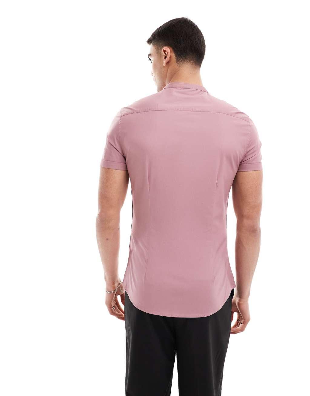 ASOS DESIGN skinny fit shirt with grandad collar in mauve  Product Image