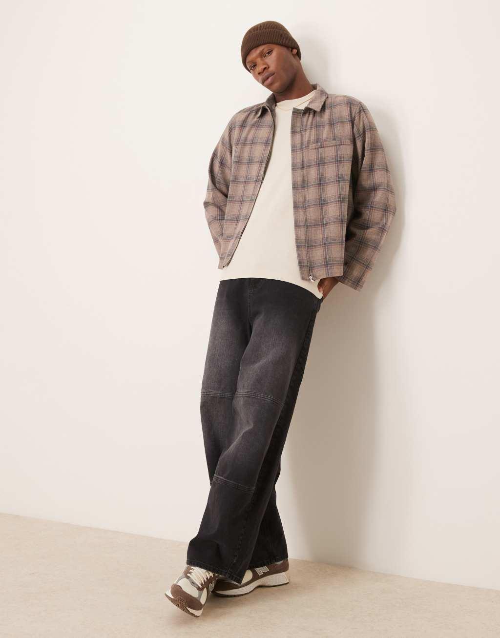 ASOS DESIGN relaxed boxy zip up shacket in brushed brown plaid Product Image