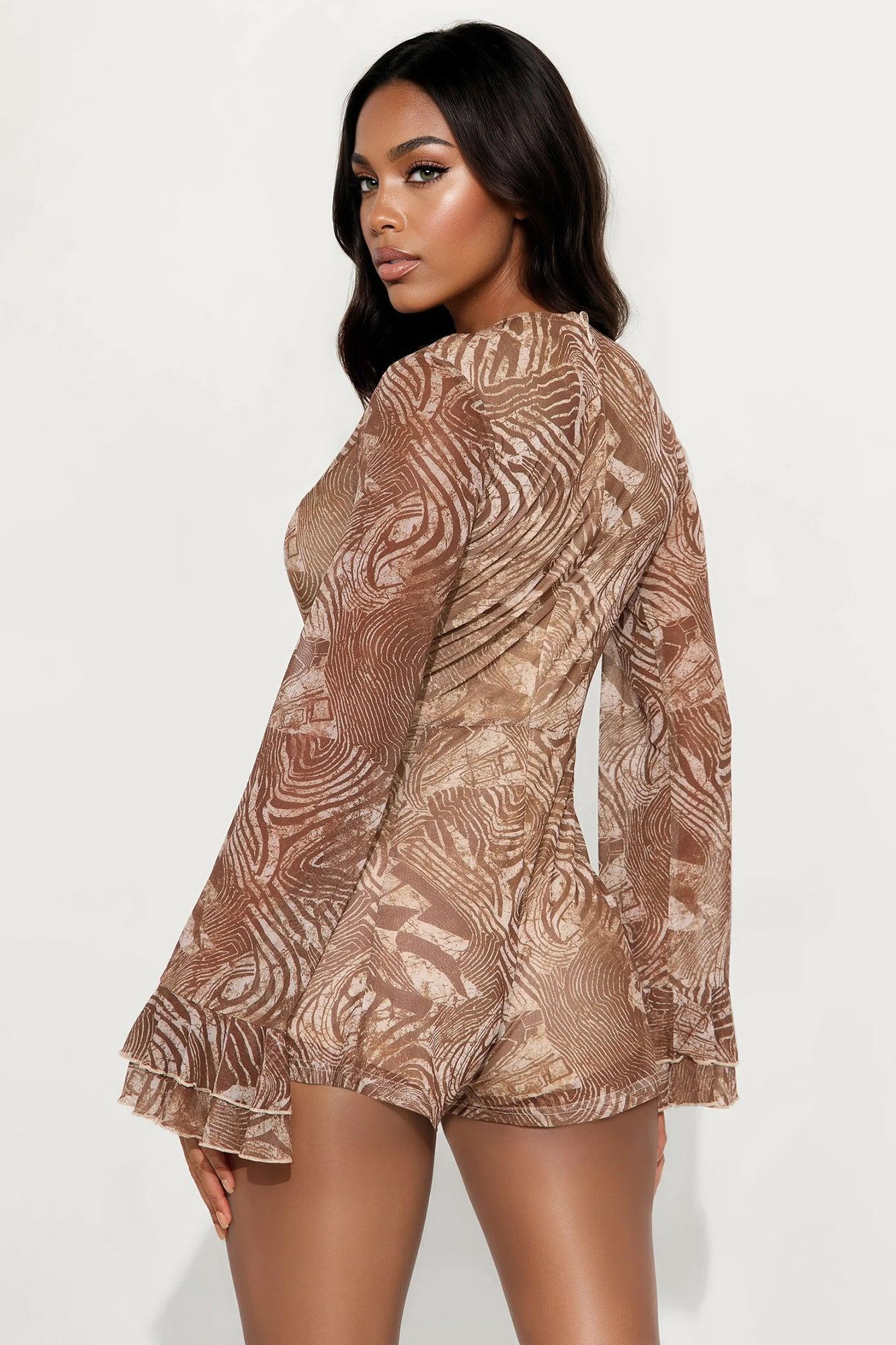 Desert Bloom Abstract Mesh Romper - Brown/combo Product Image