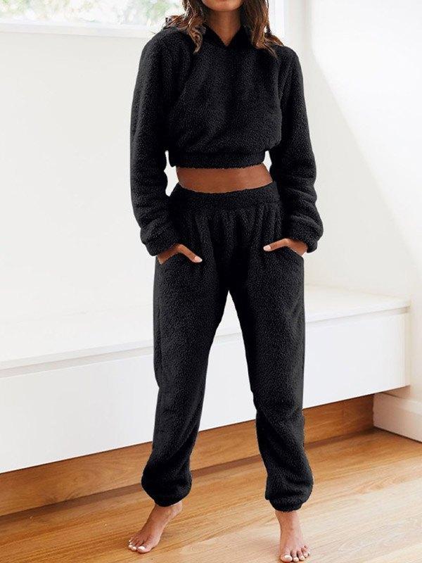 Solid Plush Hooded & Pocket Pants Set Product Image