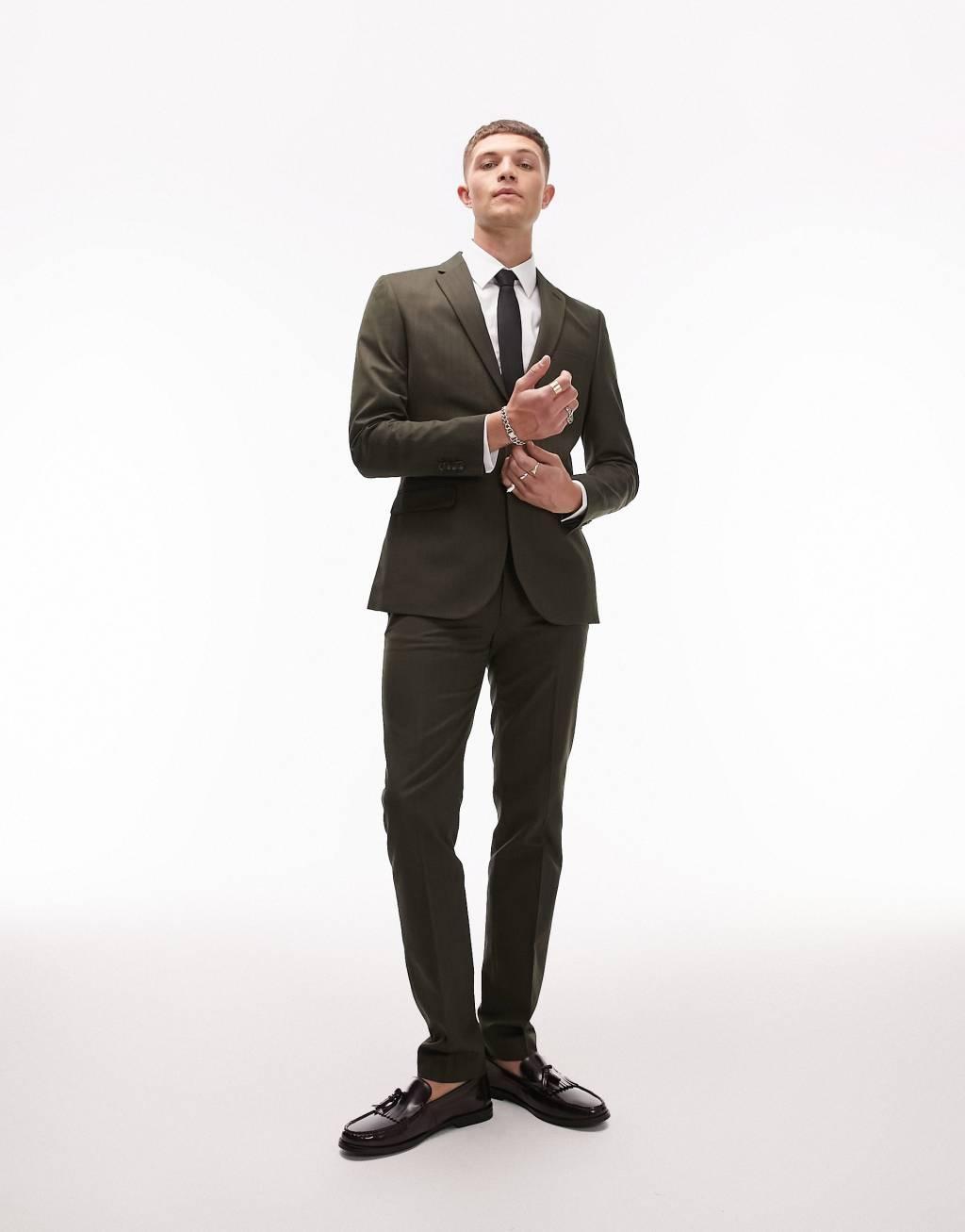 Topman skinny herringbone suit jacket in khaki Product Image