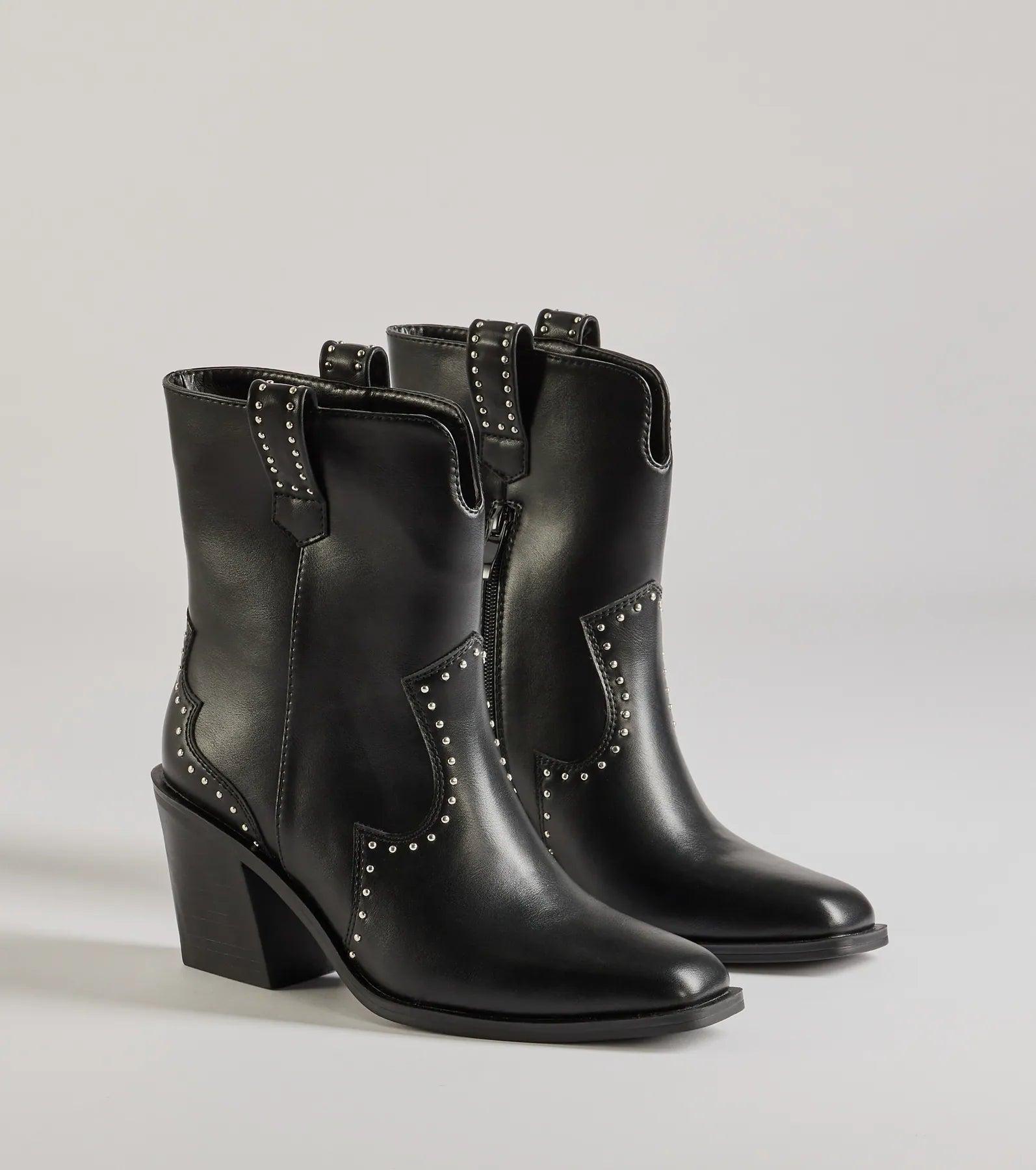 Chic Western Studded Faux Leather Booties Product Image