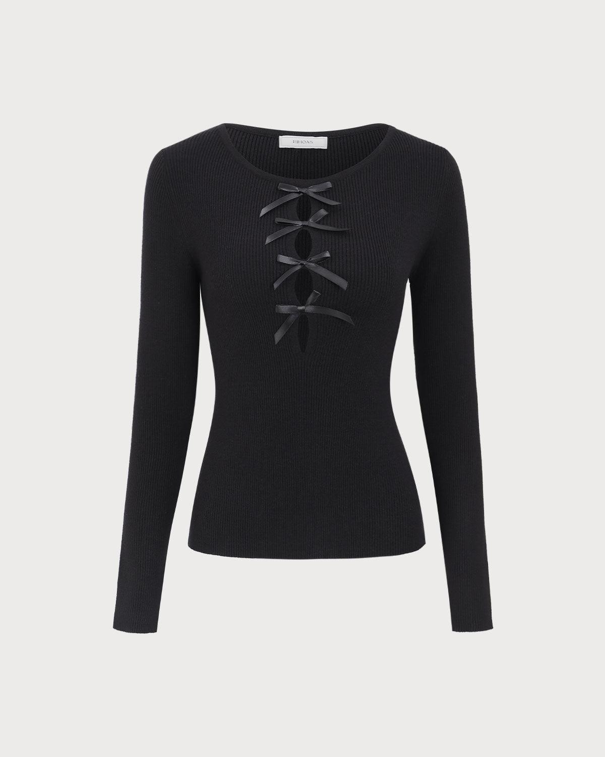 The Black Boat Neck Bowknot Front Knit Top Product Image