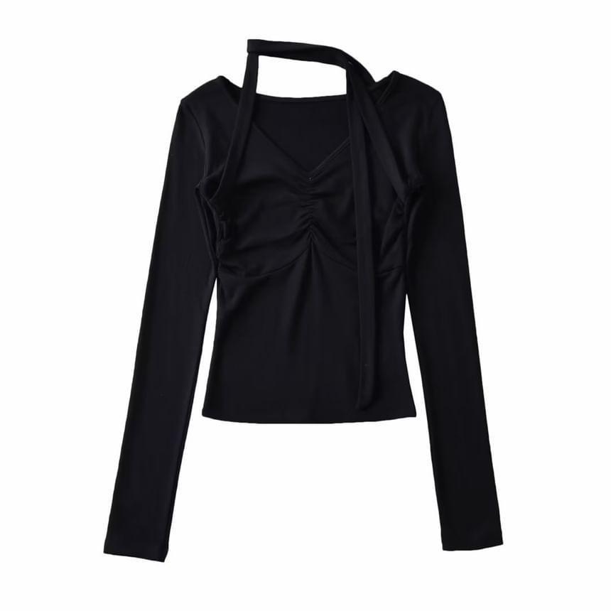 Long-Sleeve Halter-Neck Plain Shirred T-Shirt Product Image