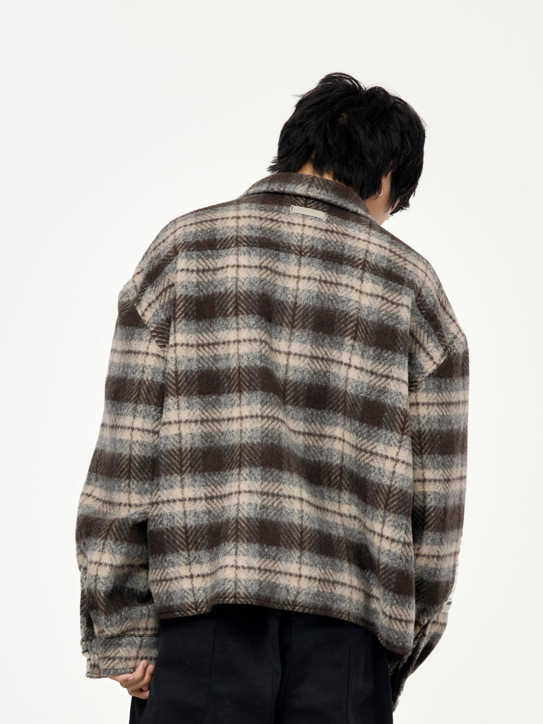 WOOL PLAID QUILTED ZIP UP FLAP POCKET SHIRT (Brown) Product Image