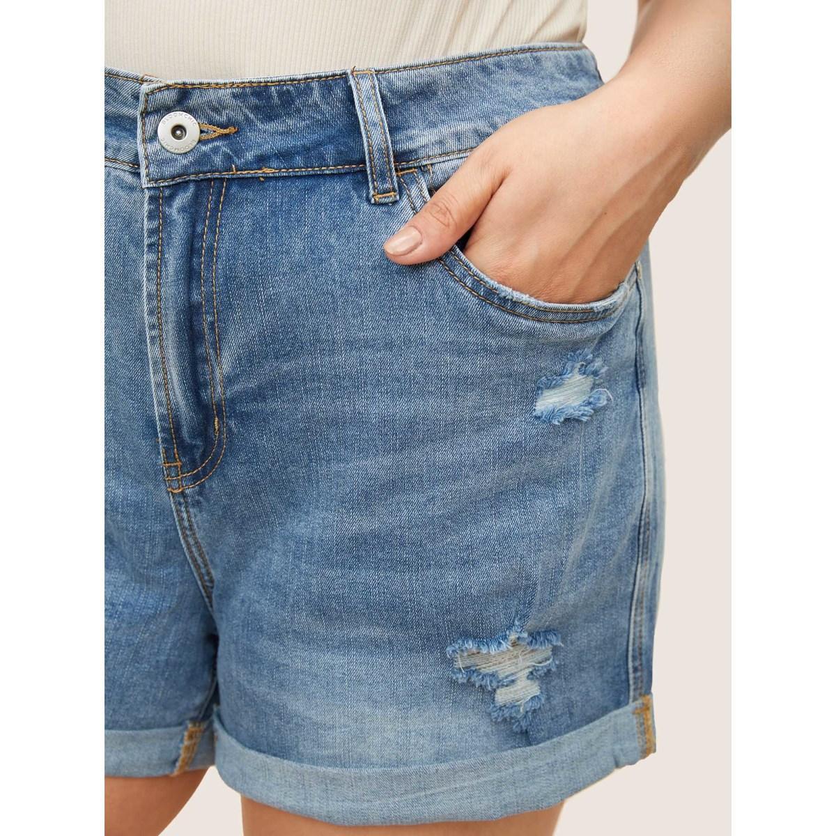 Plus Size Skinny Very Stretchy Light Wash Roll Hem Distressed Denim Shorts Women Blue High stretch Everyday Slanted pocket Casual Denim Shorts BloomChic 10/M Product Image