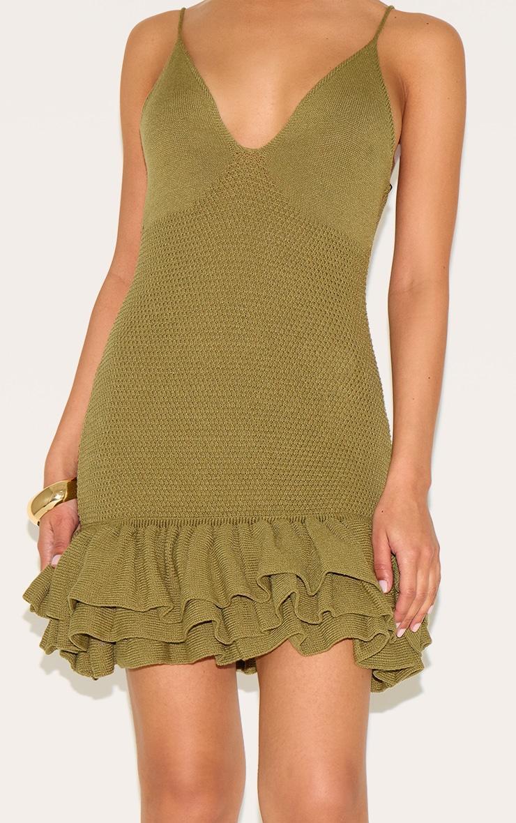 Petite Olive Knitted Frill Hem Strappy Mini Dress Product Image