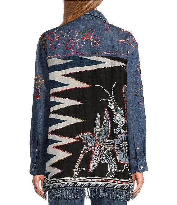 John Mark Embroidered Scarf Jacquard Point Collar Long Roll-Tab Sleeve Button Front Blouse Product Image