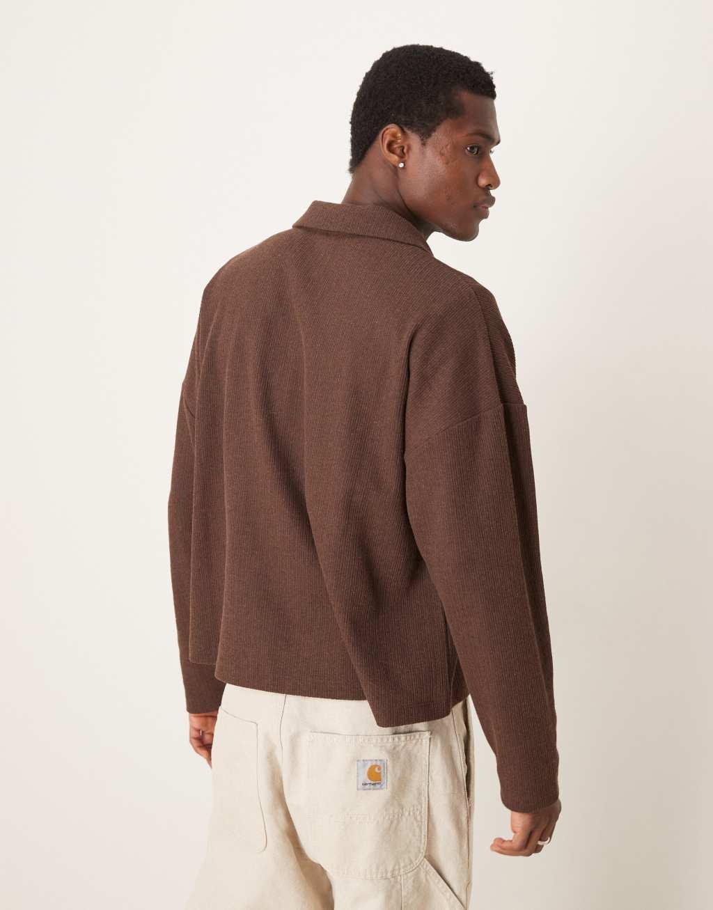 ASOS DESIGN oversized drop shoulder lightweight polo sweater with knit effect in brown Product Image