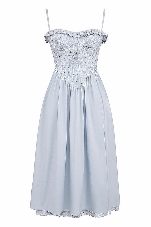 Jaime Soft Blue Cotton Broderie Anglais Midi SunDress Product Image
