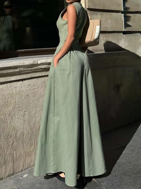 High Waisted Loose Pockets Solid Color Zipper V-Neck Jumpsuits Product Image