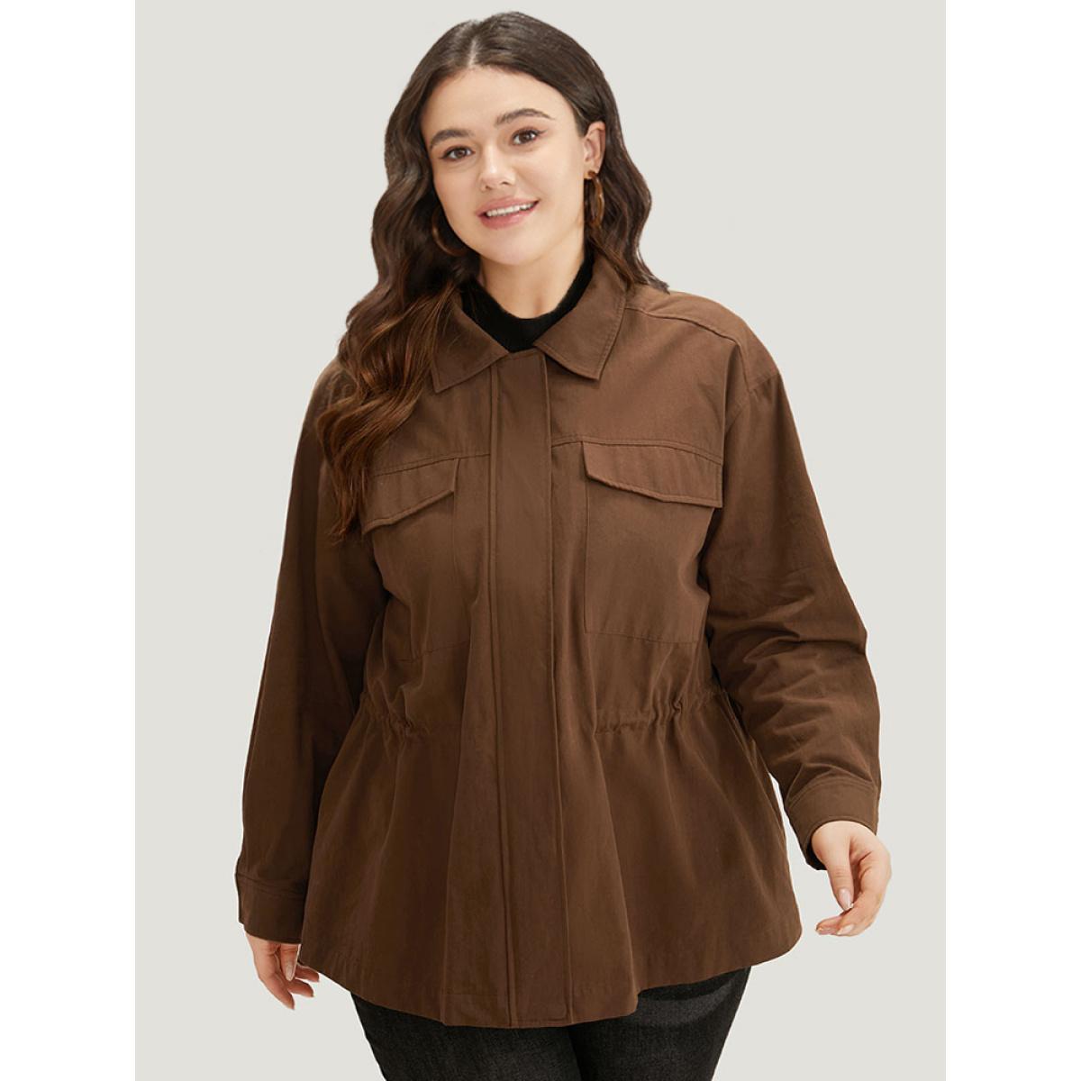 Plus Size Plain Flap Pocket Gathered Coat Women Maroon Casual Gathered Ladies Dailywear Winter Coats BloomChic 30/6X Product Image