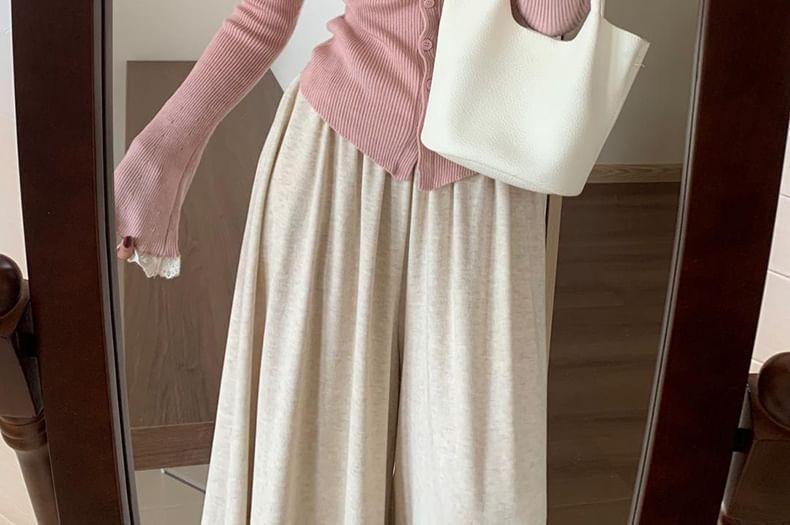 Peter Pan Collar Lace Trim Ribbed Button-Up Cardigan Product Image