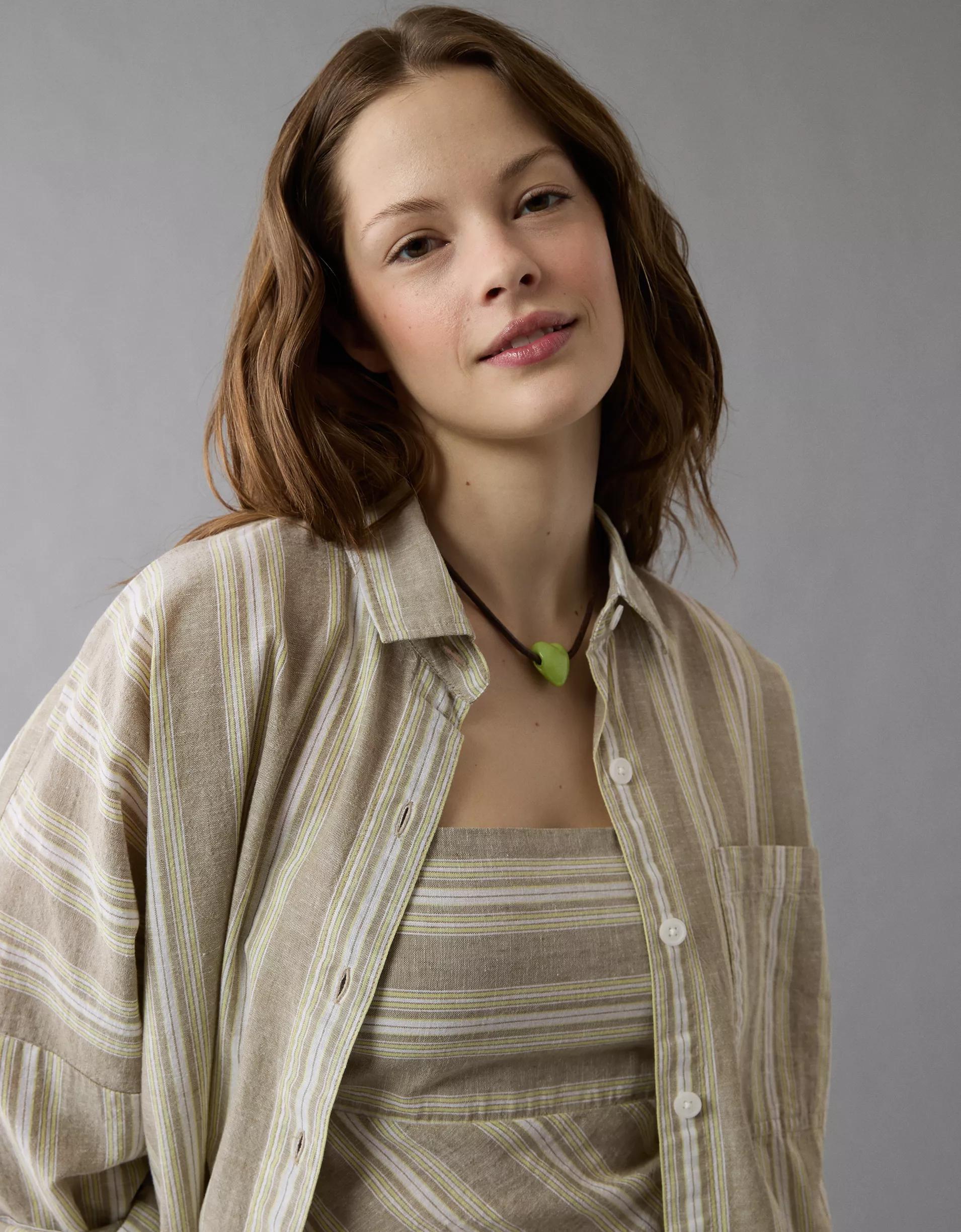 AE Go Big Linen-Blend Oversized Striped Shirt Product Image