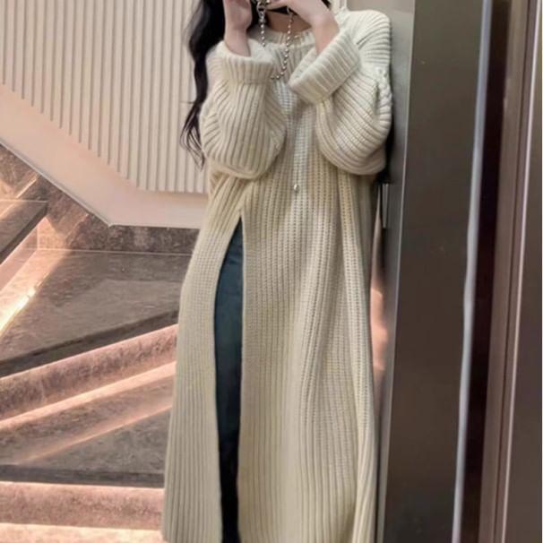Round Neck Plain Slit Ribbed Midi Sweater Dress Product Image