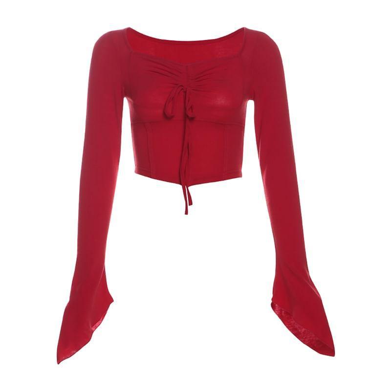 Bell Sleeve Square-Neck Plain Drawstring Slim-Fit Crop Top Product Image