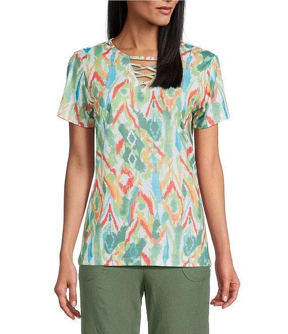 Allison Daley Petite Size Natural Ikat Print Short Sleeve Criss-Cross Keyhole Neck Short Sleeve Jersey Knit Top Product Image