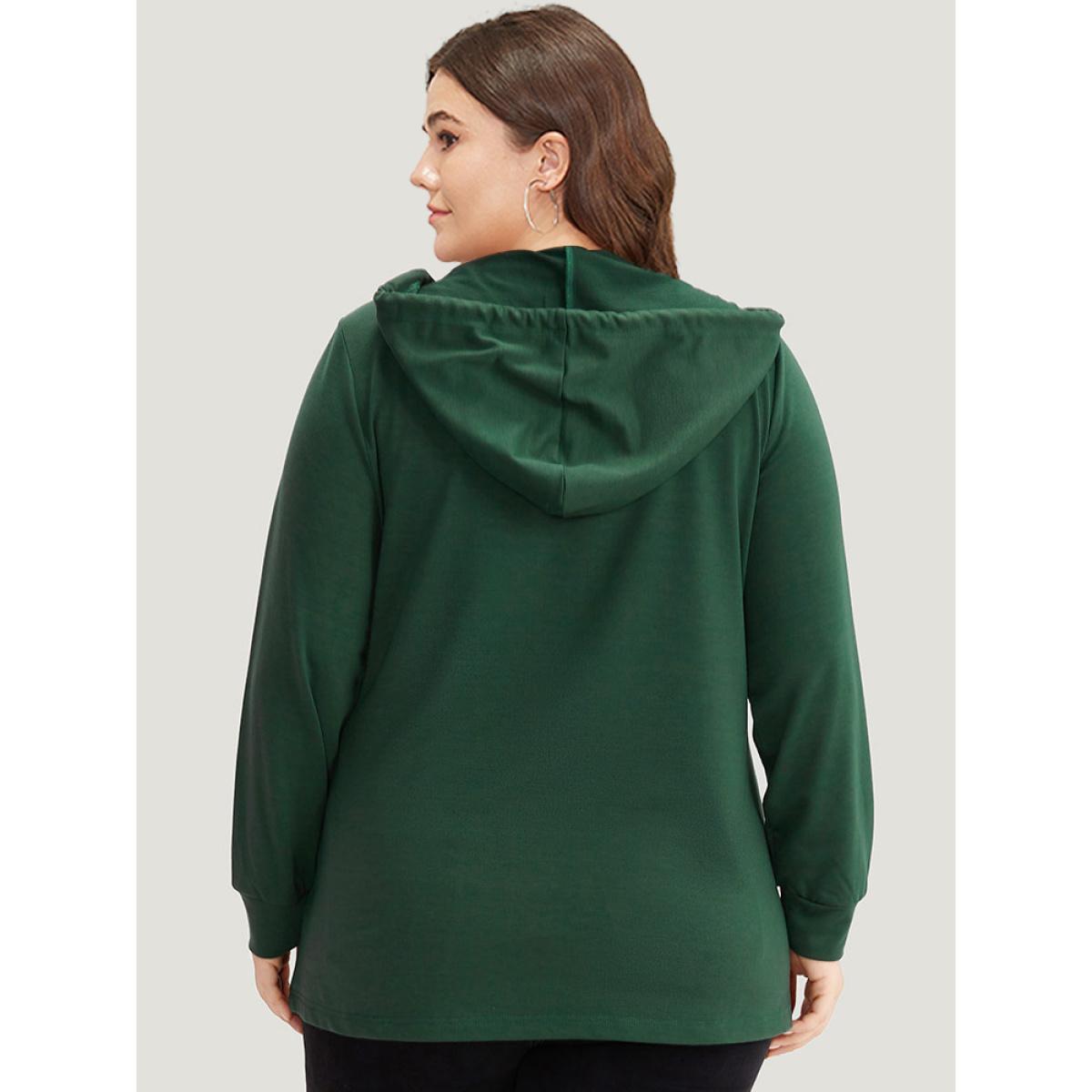 Plus Size Hooded Button Detail Plicated Detail Sweatshirt Women DarkGreen Casual Plain Hooded Everyday Sweatshirts BloomChic 22-24/3X Product Image