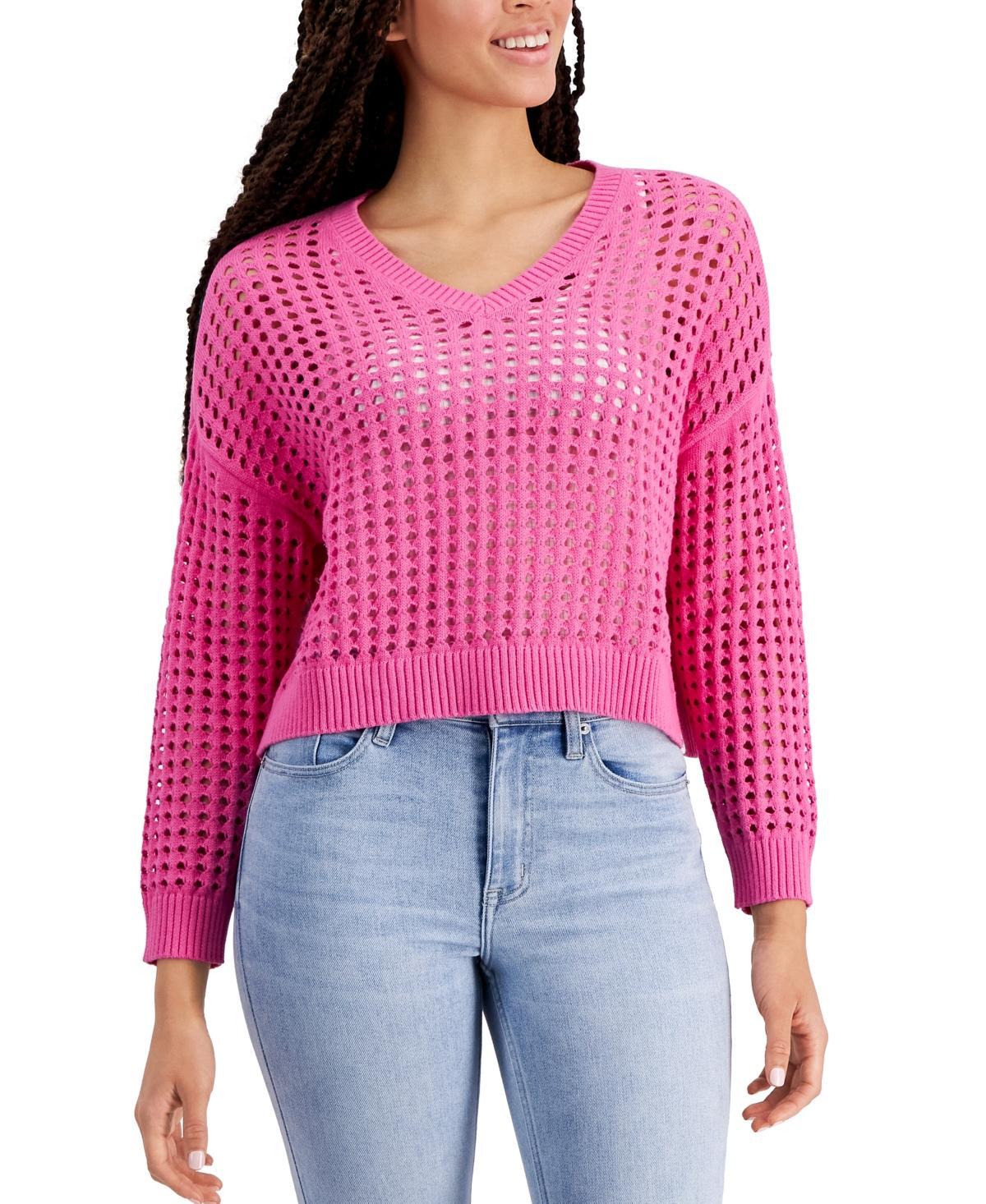 Dkny Jeans Womens V-Neck Open-Stitch Cotton Sweater Product Image