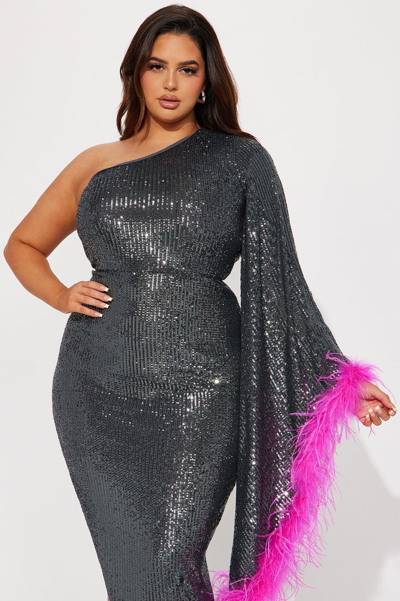 Bella Feathered Maxi Dress - Gunmetal/Pink Product Image